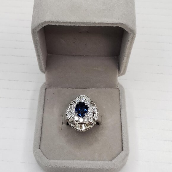 Luxury Blue Sapphire and Diamond In 18k White Gold Ring Classy and Elegant - Picture 4 of 16